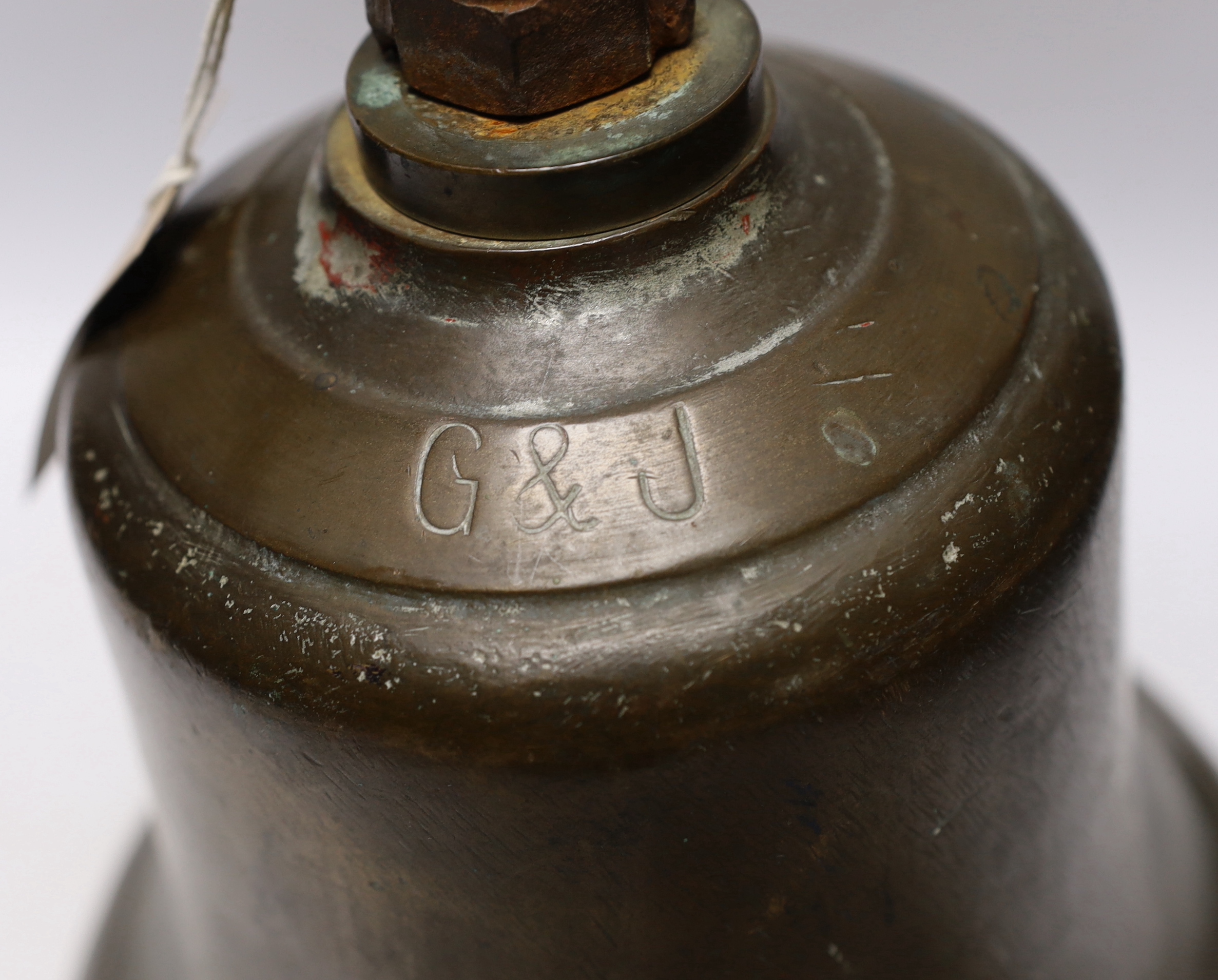 A WWII Air Ministry bronze scramble bell, stamped with crowned AM, 21C/1434, diameter 27cm